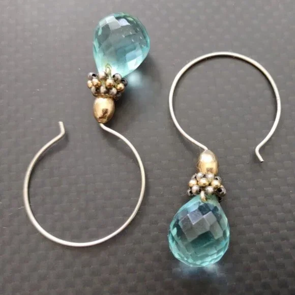 Teardrop Cut Aqua Glass Silver Hoop Dangle Earrings Approximately 2" tall - Picture 6 of 7